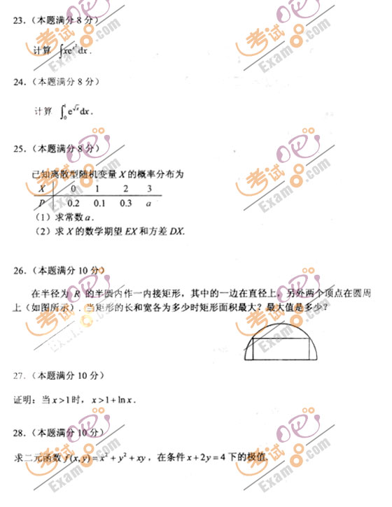 2010成人高考专升本高数(二)试题及答案(图4)