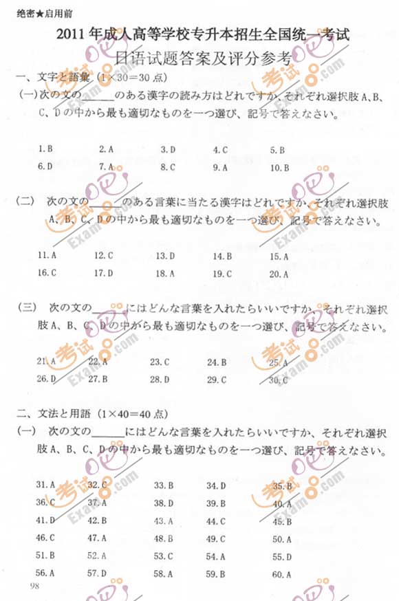 2011成人高考专升本《日语》试题及答案(图9)